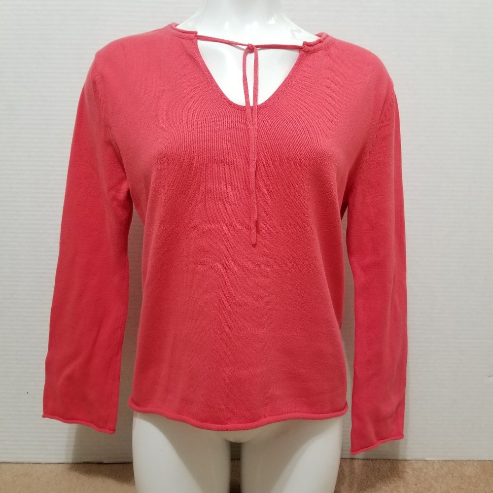 J. Jill top Medium Petite MP tie neck keyhole cutout knit rolled hem 100% cotton